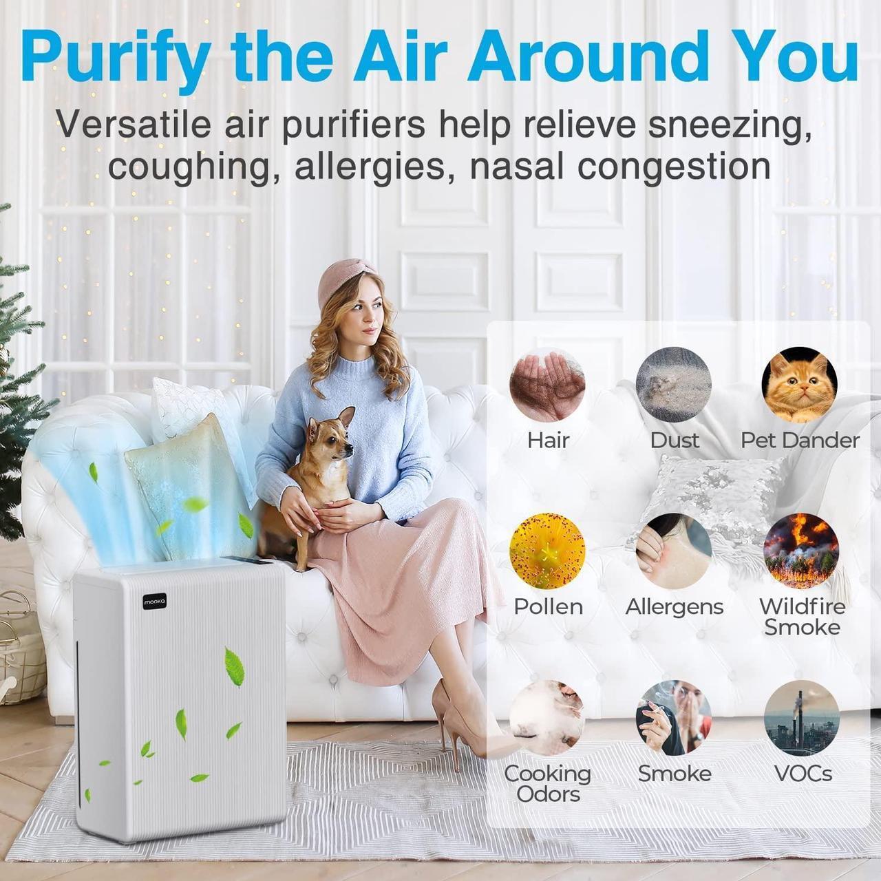 Alt view image 2 of 7 - Mooka Air Purifiers for Home Large Room up to 1740ft², H13 HEPA Air Filter for Pets Hair Dander Smoke Pollen Dust, Ozone Free, Portable Air Purifiers for Bedroom Office Living Room, E-300L, White