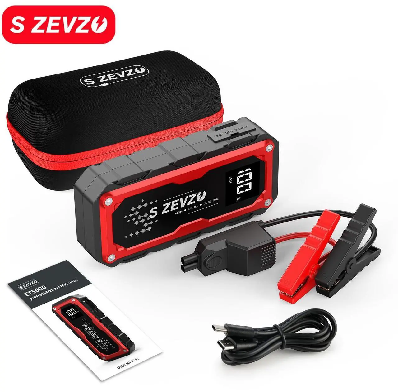 Alt view image 2 of 7 - S ZEVZO 8000A Car Jump Starter Booster Jumper Portable Power Bank Battery Charge Red & Black 3 light modes