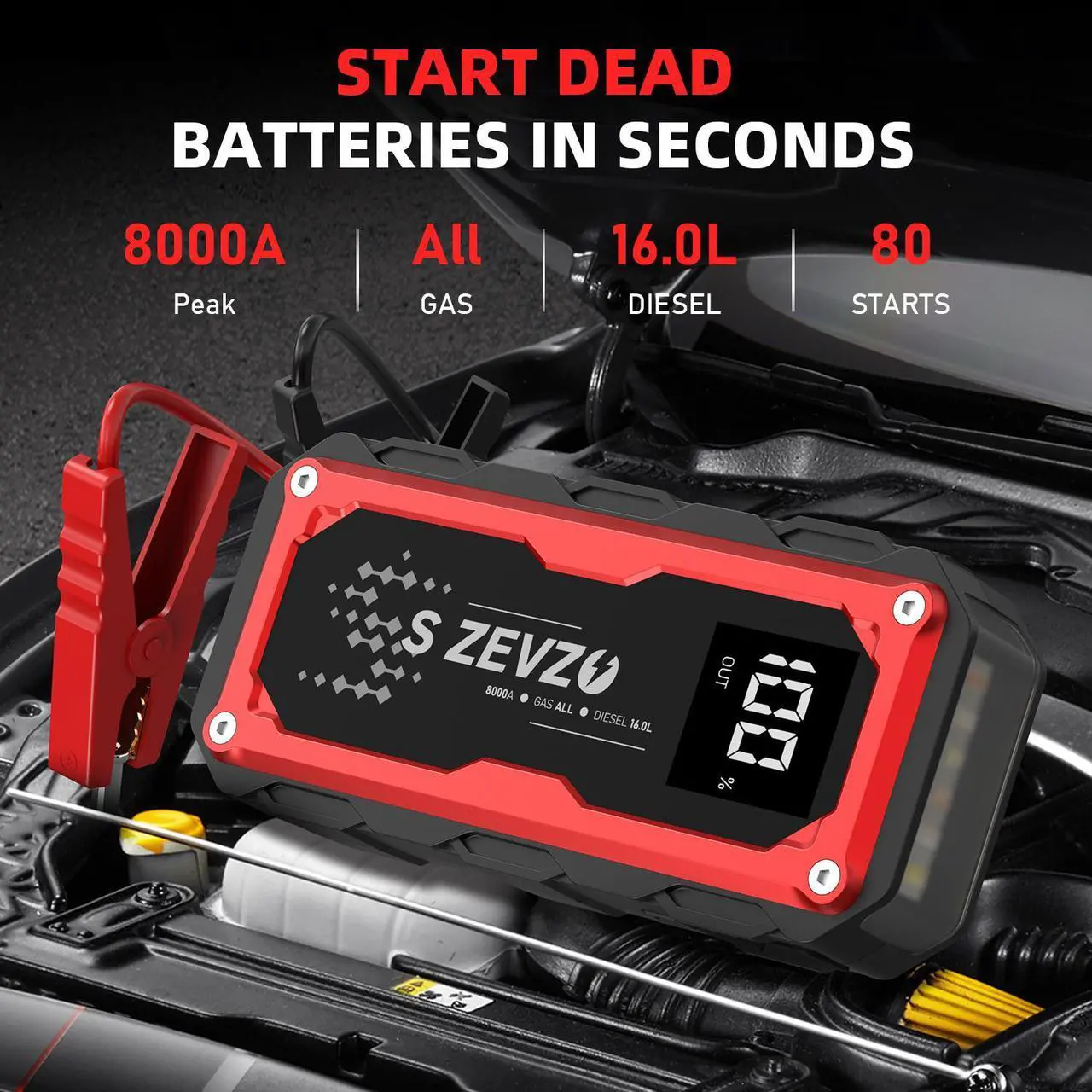 Alt view image 5 of 7 - S ZEVZO 8000A Car Jump Starter Booster Jumper Portable Power Bank Battery Charge Red & Black 3 light modes