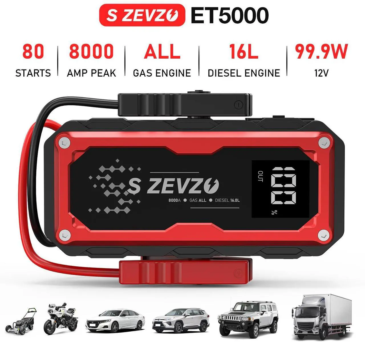 Alt view image 6 of 7 - S ZEVZO 8000A Car Jump Starter Booster Jumper Portable Power Bank Battery Charge Red & Black 3 light modes