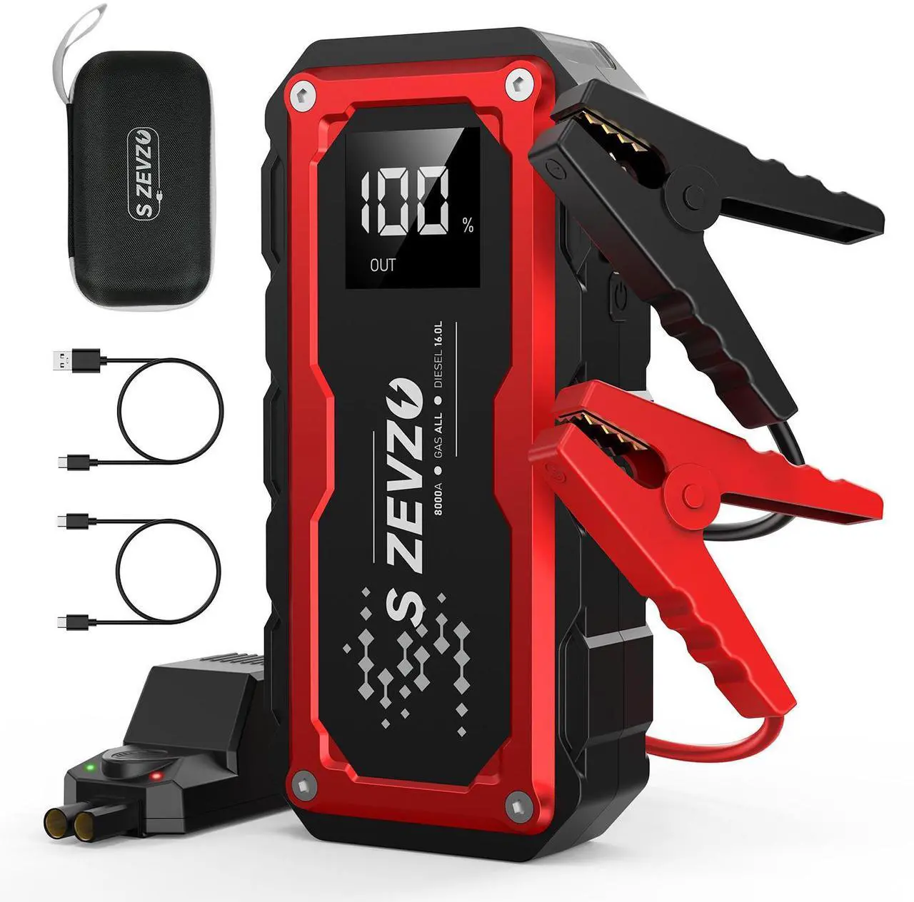 Alt view image 7 of 7 - S ZEVZO 8000A Car Jump Starter Booster Jumper Portable Power Bank Battery Charge Red & Black 3 light modes