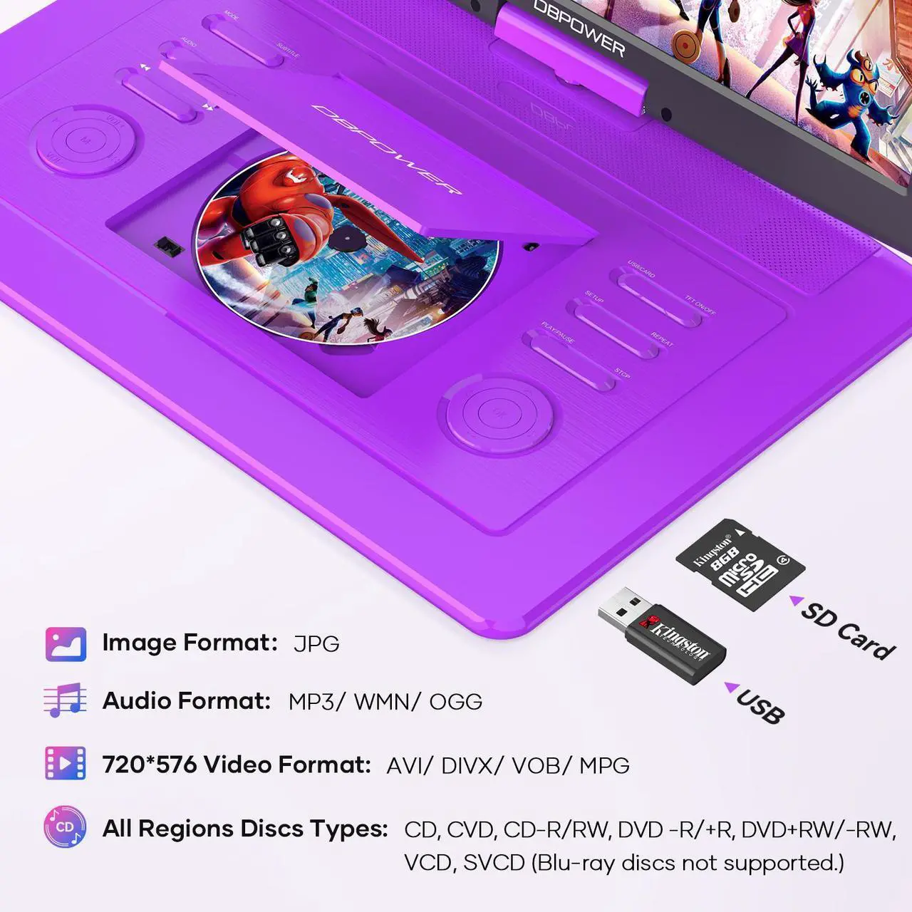 Alt view image 5 of 7 - DBPOWER 17.9" Portable DVD Player with 15.6" Large HD Swivel Screen, 6 Hour Rechargeable Battery, Support USB/SD and Multiple Disc Formats, High Volume Speaker, Car Charger, Remote Control, Purple