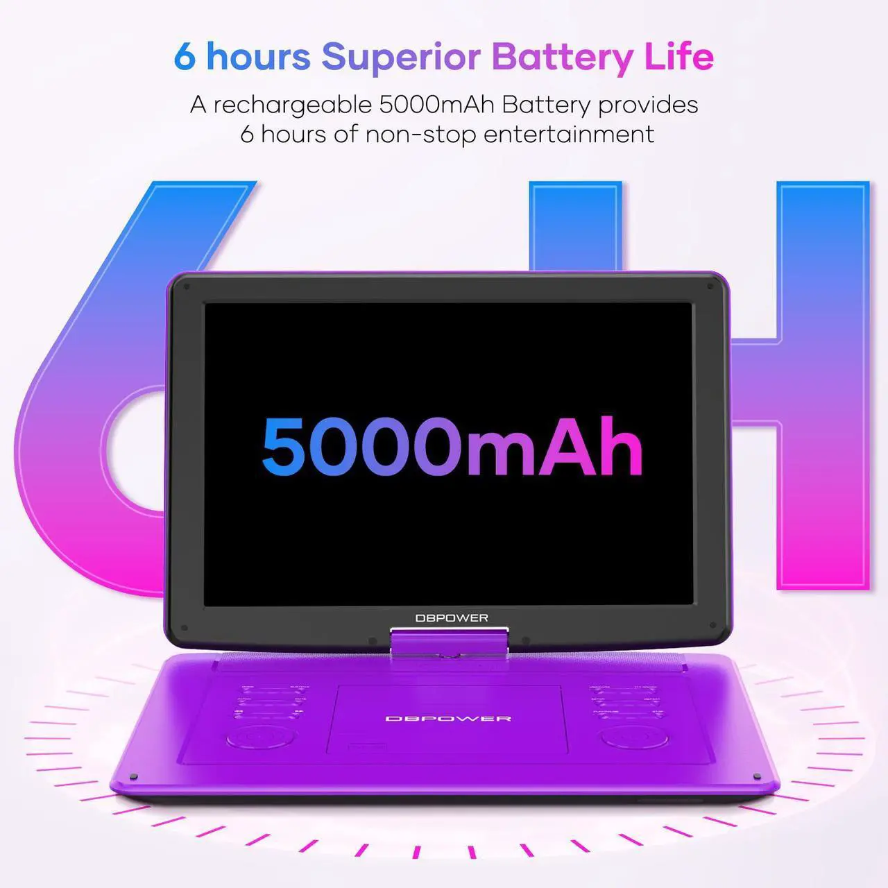 Alt view image 6 of 7 - DBPOWER 17.9" Portable DVD Player with 15.6" Large HD Swivel Screen, 6 Hour Rechargeable Battery, Support USB/SD and Multiple Disc Formats, High Volume Speaker, Car Charger, Remote Control, Purple