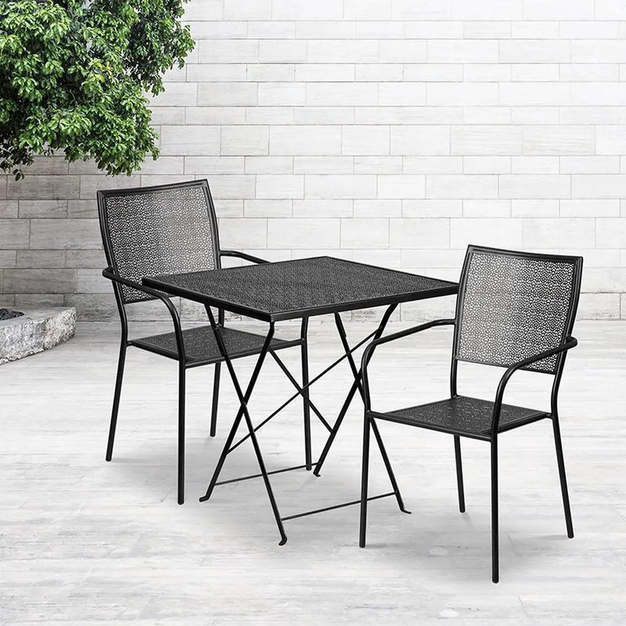 Alt view image 4 of 19 - 28'' Square Black Indoor-Outdoor Steel Folding Patio Table Set with 2 Square Back Chairs