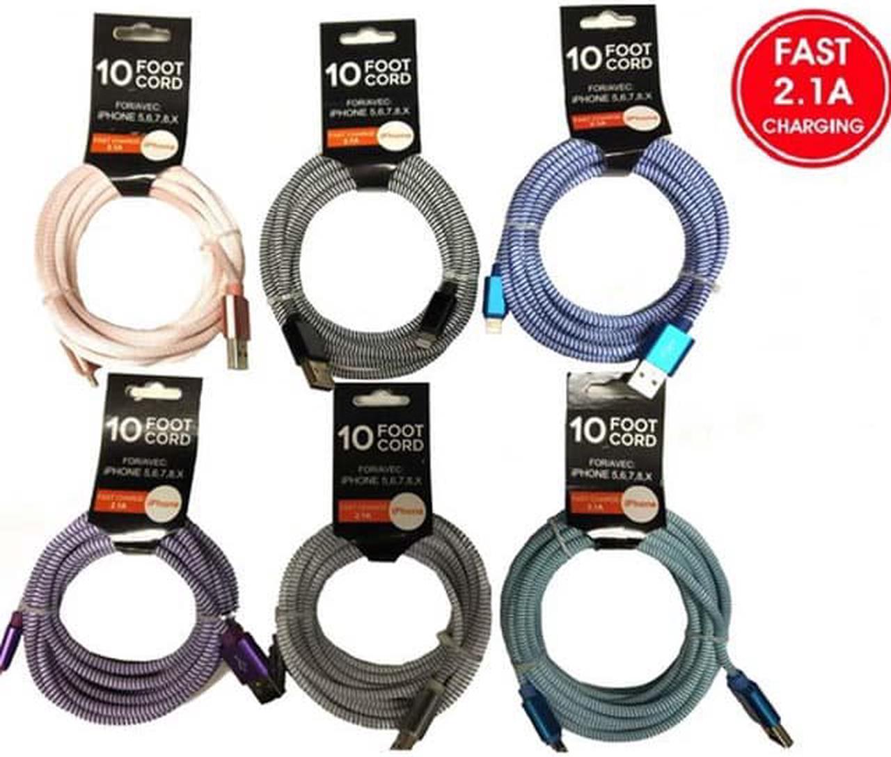 DC11 - USB CABLE A MALE TO LIGHTNING 8P 10FT 2.1A ASSORTED COLORS