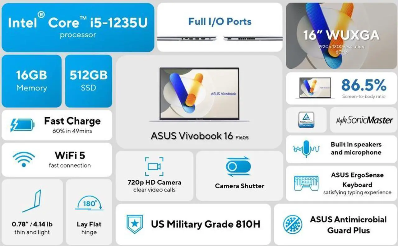 Alt view image 4 of 7 - ASUS Vivobook 16 WUXGA Laptop, Intel Core i5-1235U, Intel Iris Xe Graphics, 16GB Memory, 512GB SSD, Cool Silver, F1605ZA-AS56