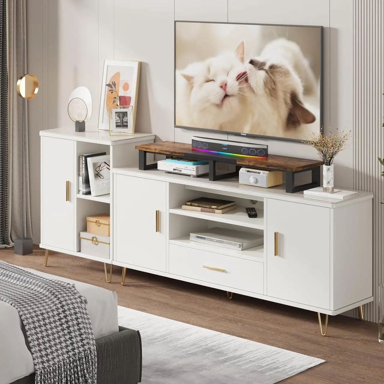 Alt view image 2 of 7 - YAOHUOO 45" Large TV Riser for 32-60 inch TV, TV Riser Stand Shelf with Steel Legs,Tabletop TV Stand Riser for Home Office,Rustic Brown