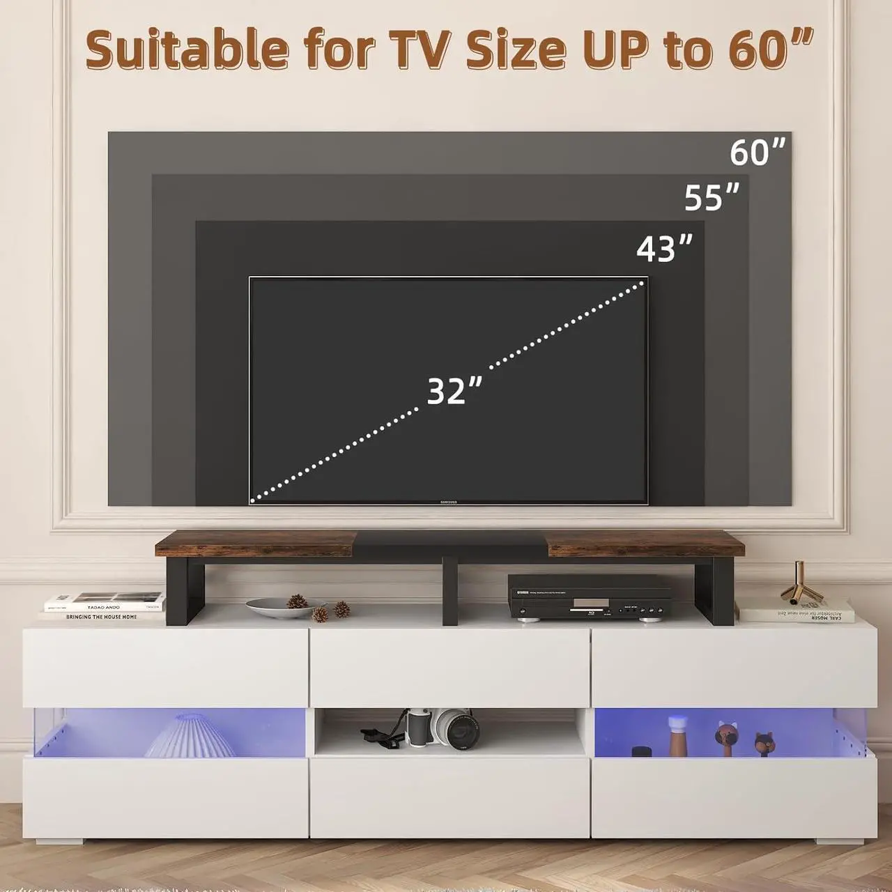 Alt view image 4 of 7 - YAOHUOO 45" Large TV Riser for 32-60 inch TV, TV Riser Stand Shelf with Steel Legs,Tabletop TV Stand Riser for Home Office,Rustic Brown