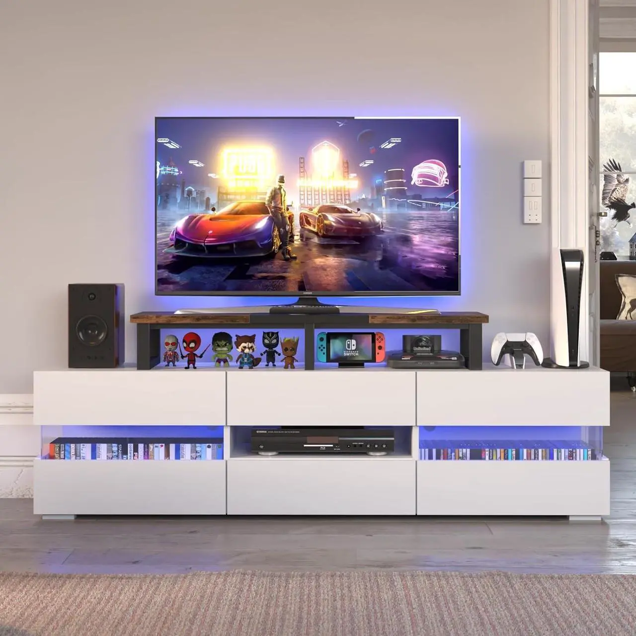 Alt view image 3 of 7 - YAOHUOO 45" Large TV Riser for 32-60 inch TV, TV Riser Stand Shelf with Steel Legs,Tabletop TV Stand Riser for Home Office,Rustic Brown