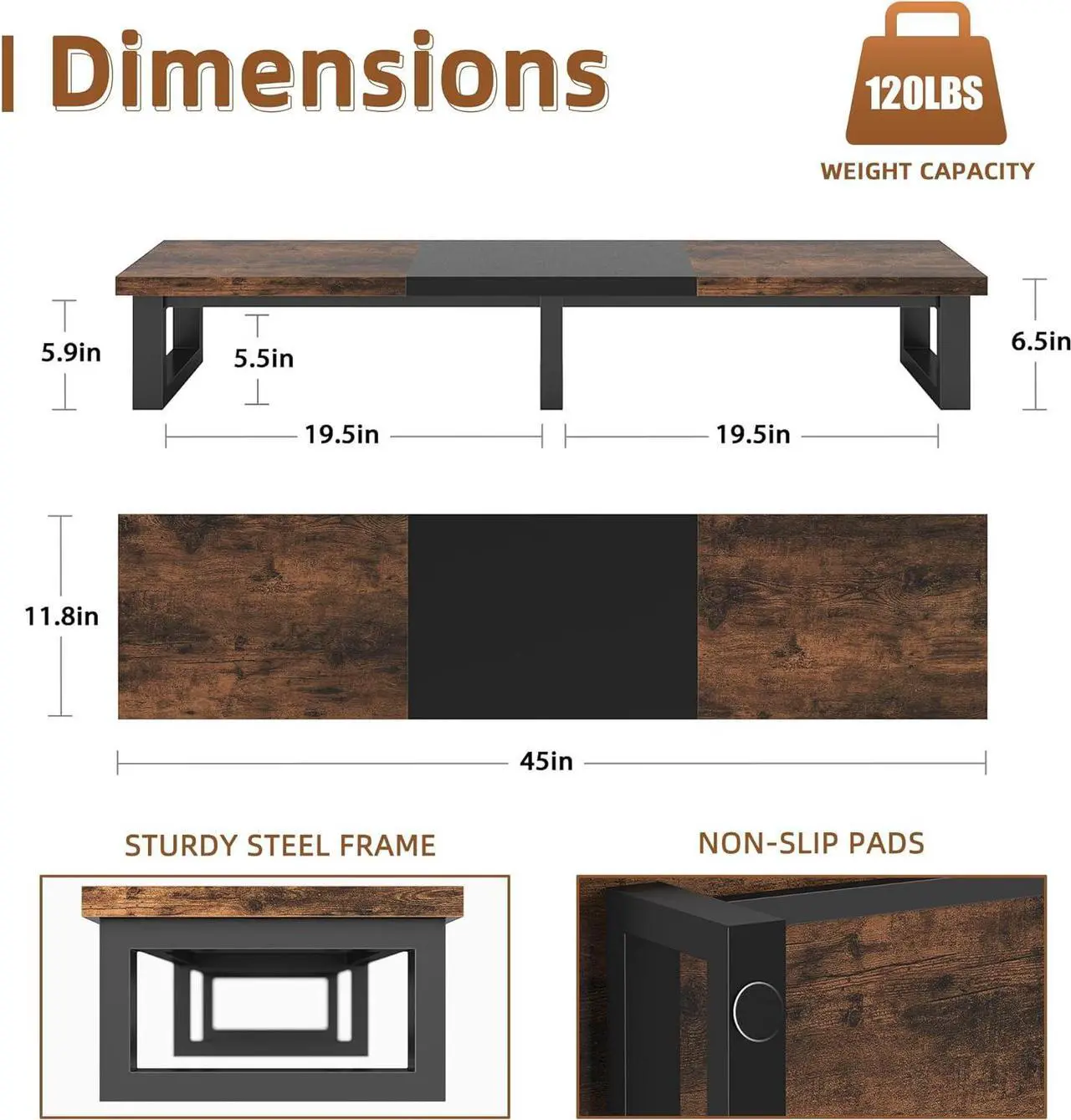 Alt view image 7 of 7 - YAOHUOO 45" Large TV Riser for 32-60 inch TV, TV Riser Stand Shelf with Steel Legs,Tabletop TV Stand Riser for Home Office,Rustic Brown