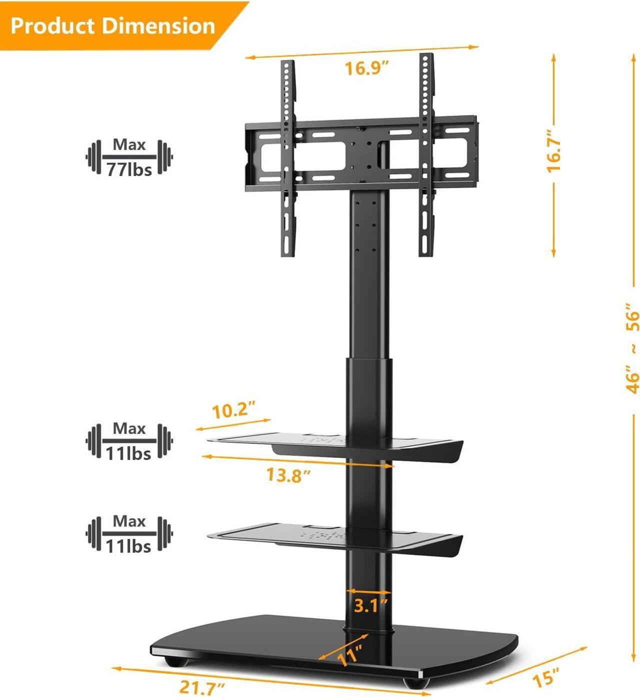 Alt view image 5 of 7 - 5Rcom Floor TV Stand with Mount, Height Adjustable TV Floor Stand with Swivel Mount for 27-70 inch Flat or Curved Screens TVs, Sturdy Tempered Glass Base with 3 Large Shelves for Bedroom, Black
