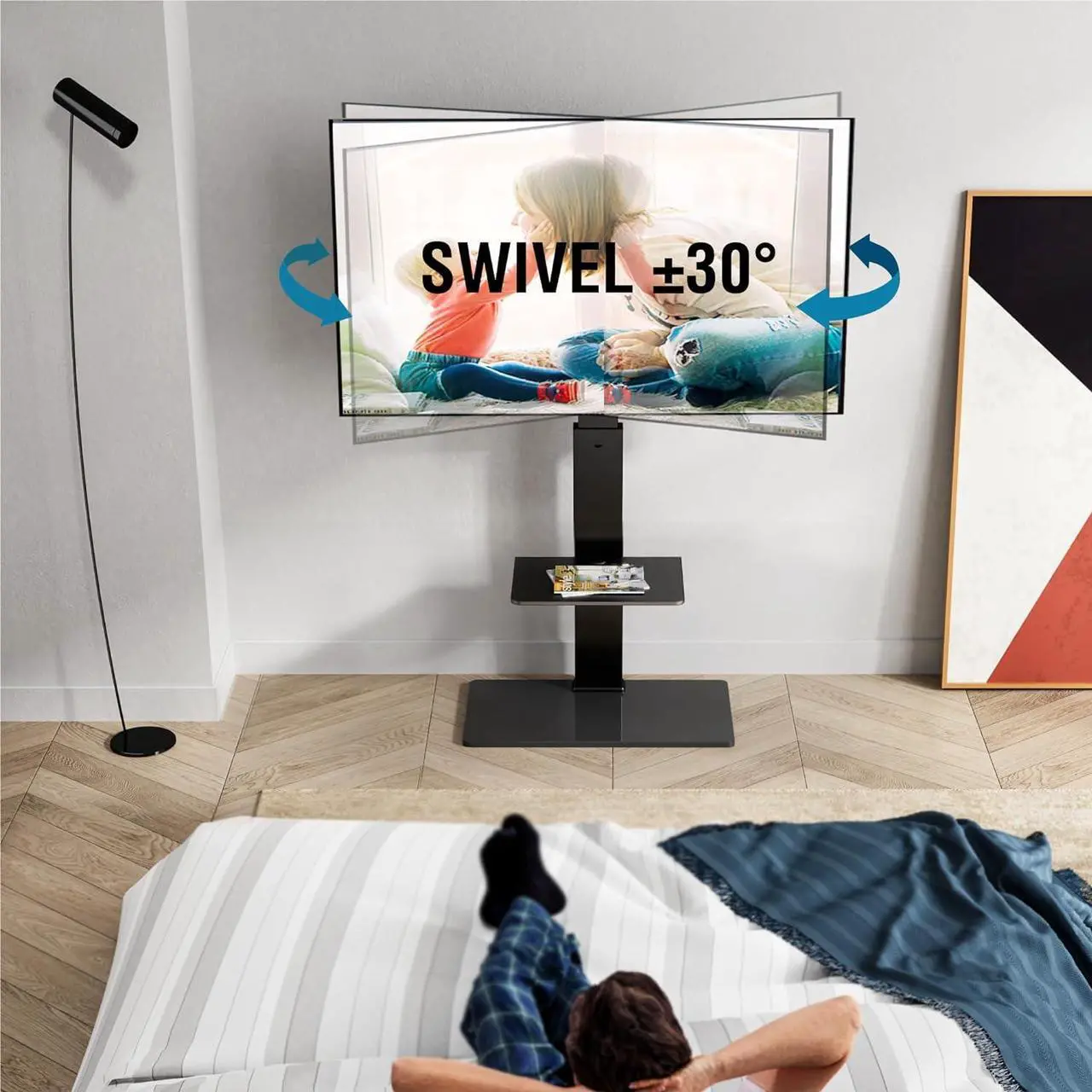 Alt view image 2 of 7 - FITUEYES Swivel Floor TV Stand with Mount for TVs 37 43 50 55 60 65 70 75 Inch LCD LED Flat/Curved Screens Universal Swivel Televisions TV Mount Stand for Bedroom Living Room Black Tempered Glass Base