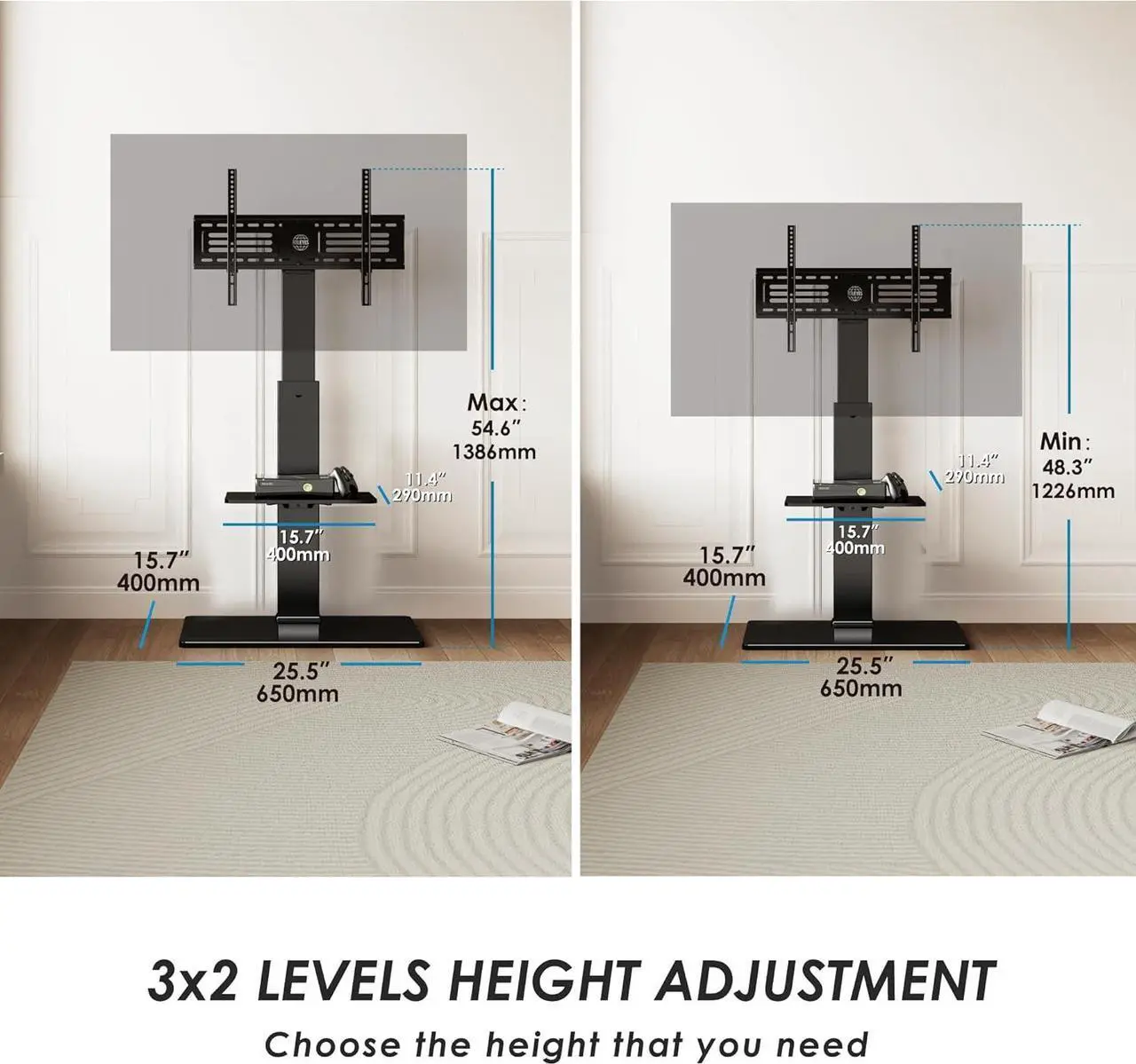 Alt view image 4 of 7 - FITUEYES Swivel Floor TV Stand with Mount for TVs 37 43 50 55 60 65 70 75 Inch LCD LED Flat/Curved Screens Universal Swivel Televisions TV Mount Stand for Bedroom Living Room Black Tempered Glass Base
