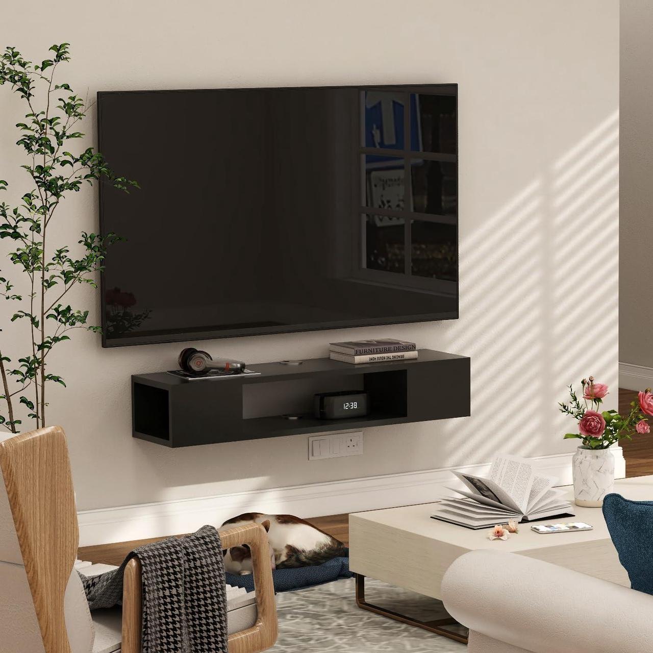 Alt view image 5 of 7 - GHC Floating TV Stand, Wall Mounted Entertainment Center and Cabinet Shelf, TV Console with StorageMedia Console for DVD Player, Space-Saving Under TV Shelf for Bedroom, Living Room (Black)