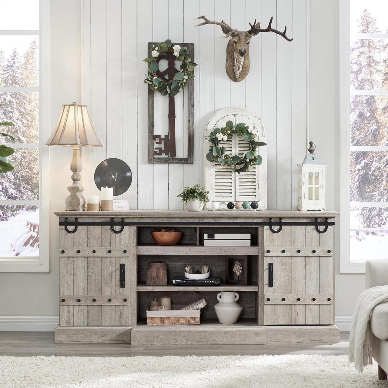 Alt view image 2 of 6 - OKD Farmhouse 75" TV Stand for 80 85 Inch TV, Rustic Media Console Table with Sliding Barn Door, Large Highboy Entertainment Center with Storage Cabinet for Living Room, Bedroom, Light Rustic Oak