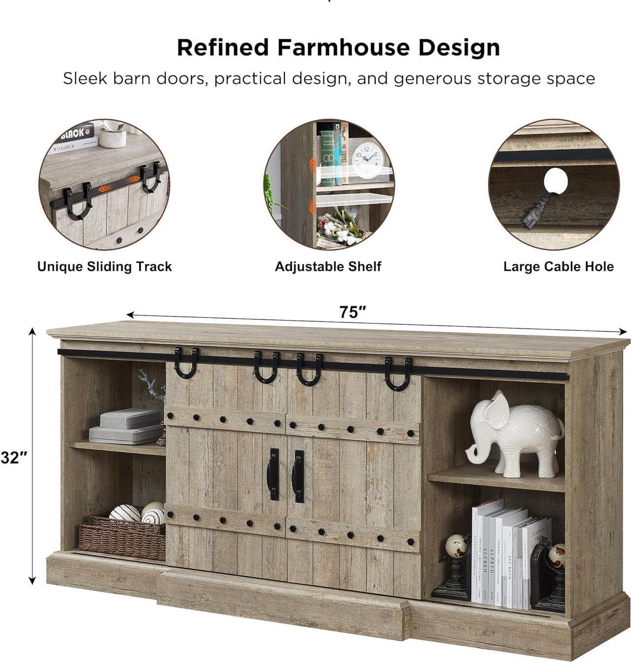 Alt view image 3 of 6 - OKD Farmhouse 75" TV Stand for 80 85 Inch TV, Rustic Media Console Table with Sliding Barn Door, Large Highboy Entertainment Center with Storage Cabinet for Living Room, Bedroom, Light Rustic Oak