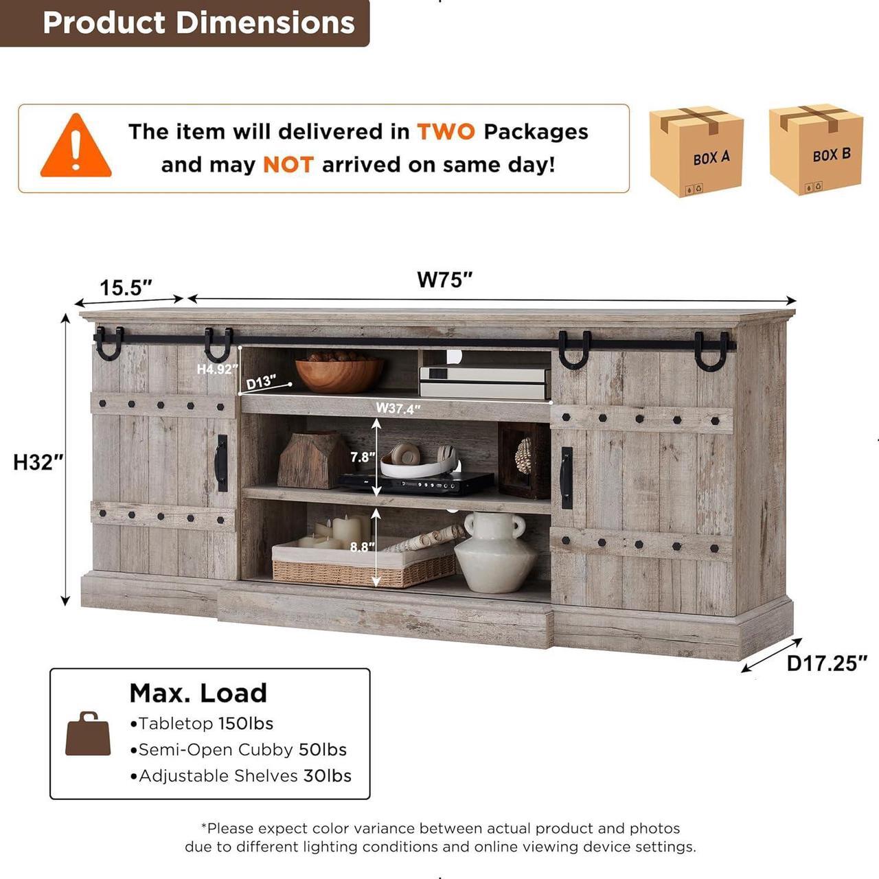 Alt view image 5 of 6 - OKD Farmhouse 75" TV Stand for 80 85 Inch TV, Rustic Media Console Table with Sliding Barn Door, Large Highboy Entertainment Center with Storage Cabinet for Living Room, Bedroom, Light Rustic Oak