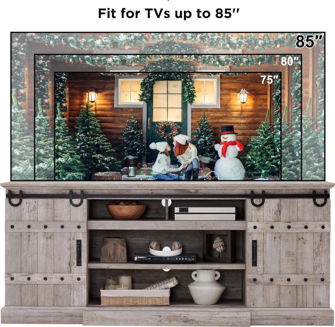 Alt view image 6 of 6 - OKD Farmhouse 75" TV Stand for 80 85 Inch TV, Rustic Media Console Table with Sliding Barn Door, Large Highboy Entertainment Center with Storage Cabinet for Living Room, Bedroom, Light Rustic Oak