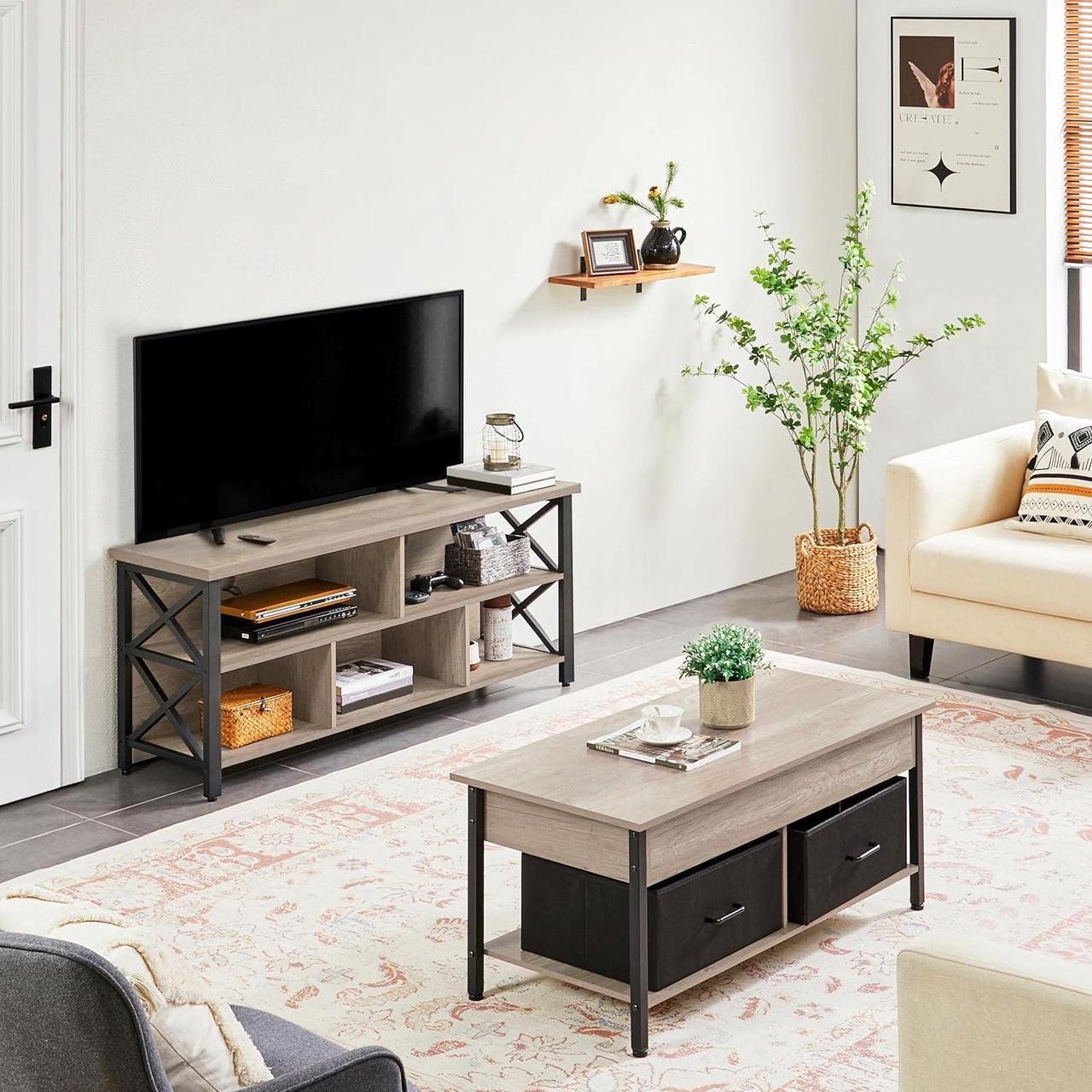 Alt view image 2 of 7 - Yaheetech Industrial Entertainment Center for TVs up to 65 Inch, Gray TV Stand with 5 Storage Compartments, Large TV Console for Living Room