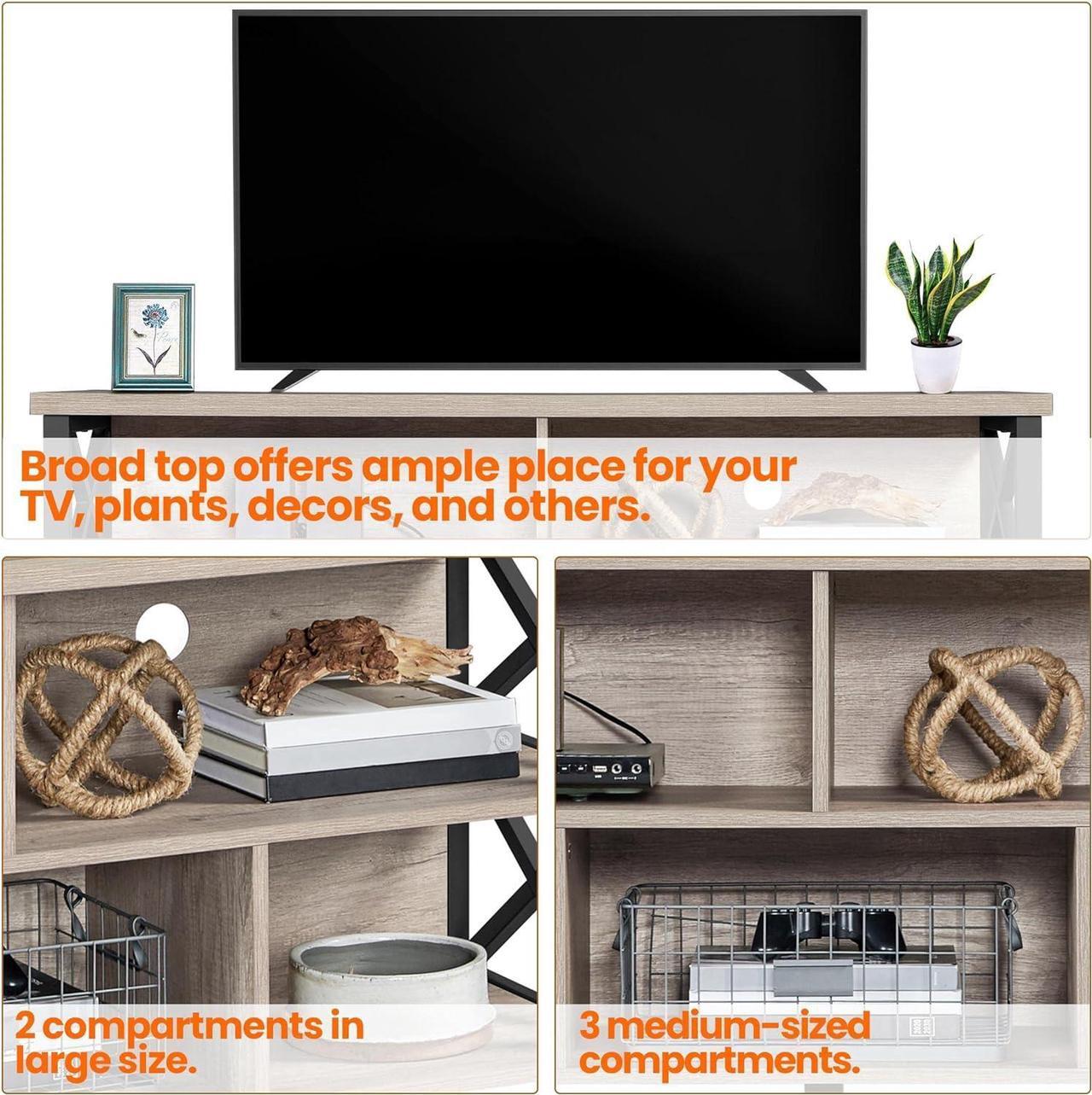 Alt view image 4 of 7 - Yaheetech Industrial Entertainment Center for TVs up to 65 Inch, Gray TV Stand with 5 Storage Compartments, Large TV Console for Living Room