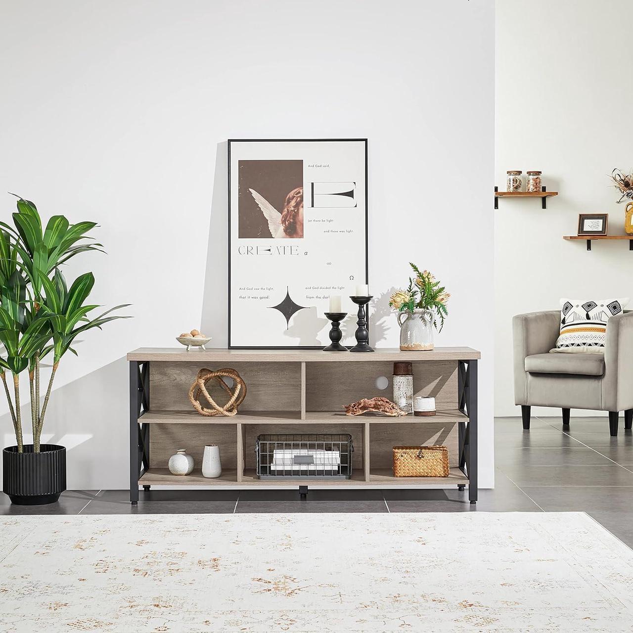 Alt view image 7 of 7 - Yaheetech Industrial Entertainment Center for TVs up to 65 Inch, Gray TV Stand with 5 Storage Compartments, Large TV Console for Living Room