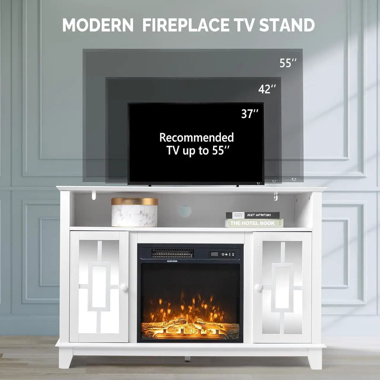Alt view image 4 of 7 - VINGLI TV Stand for 55 inch TV, White TV Stand with Fireplace Entertainment Center, Mirror Doors