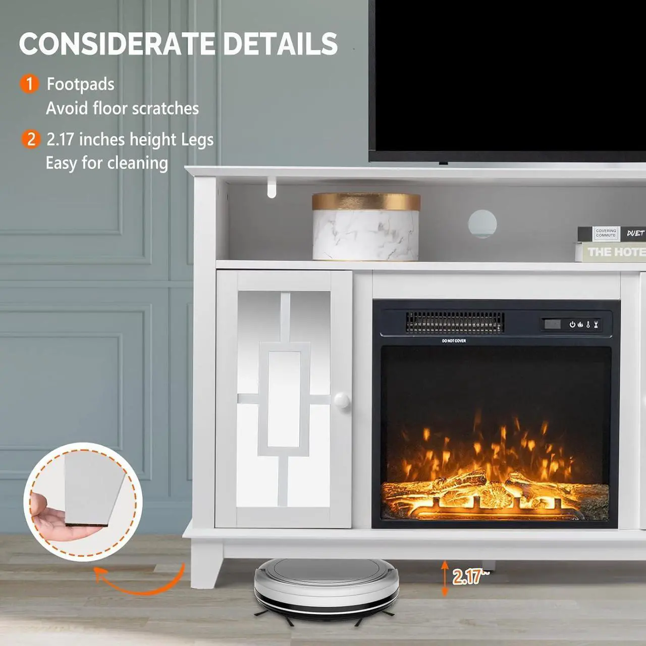 Alt view image 5 of 7 - VINGLI TV Stand for 55 inch TV, White TV Stand with Fireplace Entertainment Center, Mirror Doors