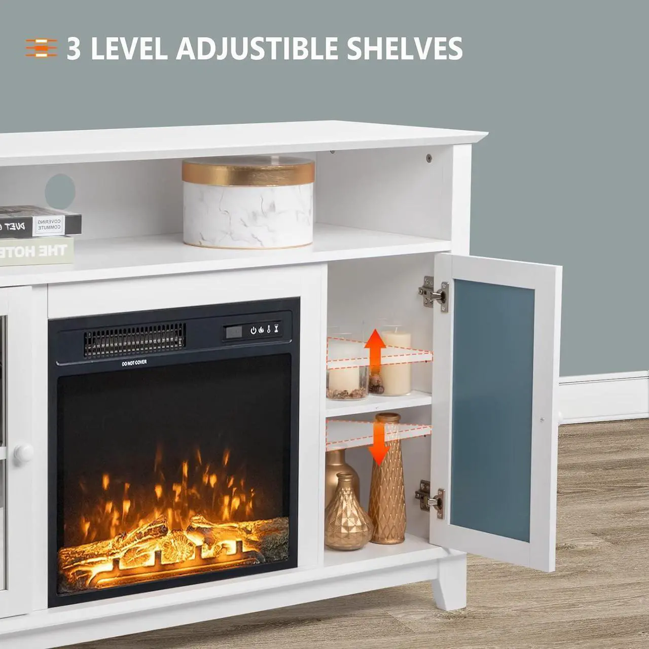 Alt view image 6 of 7 - VINGLI TV Stand for 55 inch TV, White TV Stand with Fireplace Entertainment Center, Mirror Doors