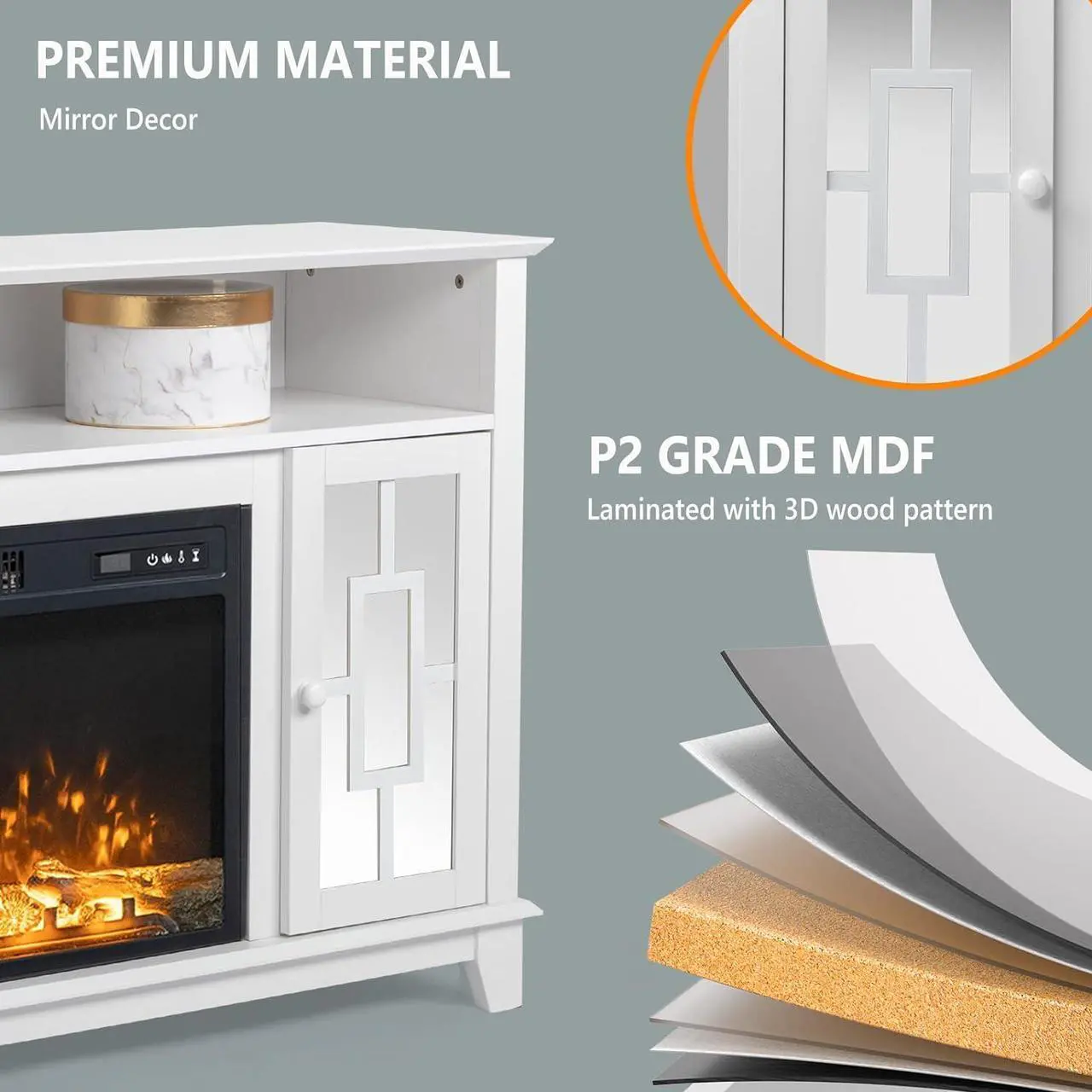 Alt view image 7 of 7 - VINGLI TV Stand for 55 inch TV, White TV Stand with Fireplace Entertainment Center, Mirror Doors