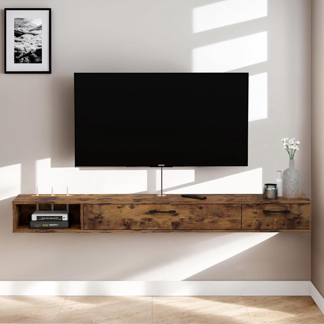 Alt view image 2 of 7 - Pmnianhua Farmhouse Floating TV Stand with 2 Doors,47'' Under TV Shelf Floating,Wall Mounted TV Shelf,Rustic Floating TV Console for Under TV(Rustic Brown)(Rustic Brown)