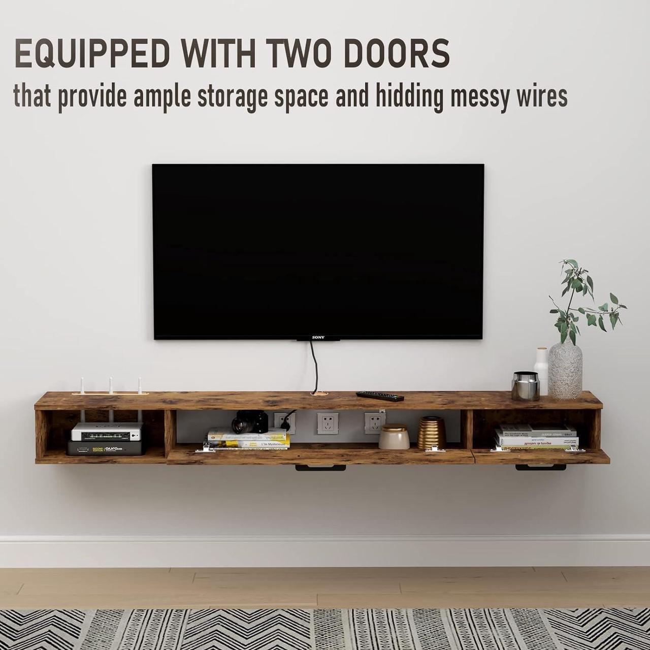 Alt view image 3 of 7 - Pmnianhua Farmhouse Floating TV Stand with 2 Doors,47'' Under TV Shelf Floating,Wall Mounted TV Shelf,Rustic Floating TV Console for Under TV(Rustic Brown)(Rustic Brown)