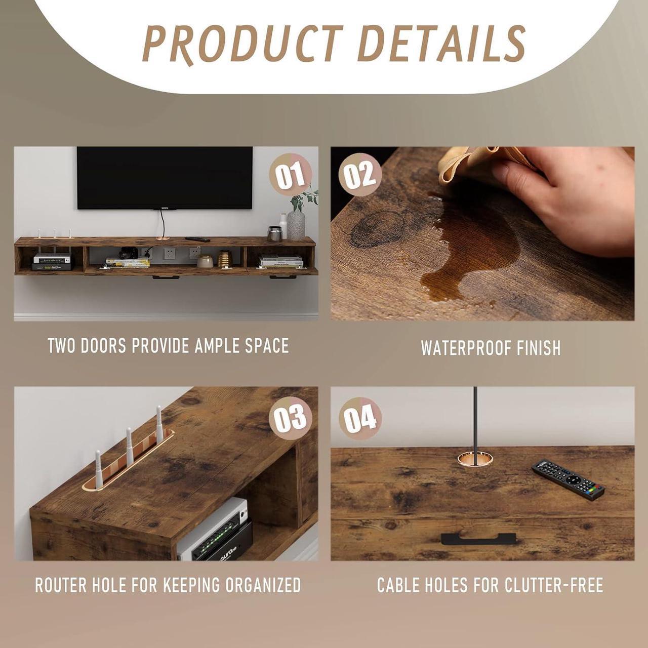 Alt view image 5 of 7 - Pmnianhua Farmhouse Floating TV Stand with 2 Doors,47'' Under TV Shelf Floating,Wall Mounted TV Shelf,Rustic Floating TV Console for Under TV(Rustic Brown)(Rustic Brown)