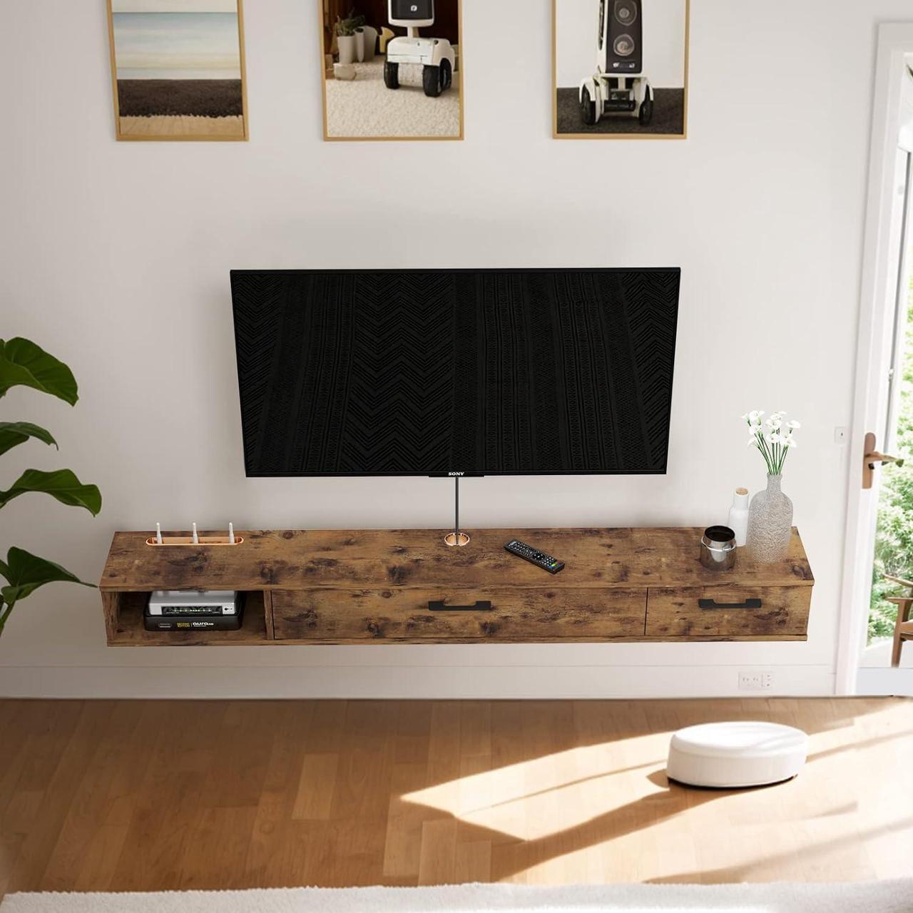 Alt view image 6 of 7 - Pmnianhua Farmhouse Floating TV Stand with 2 Doors,47'' Under TV Shelf Floating,Wall Mounted TV Shelf,Rustic Floating TV Console for Under TV(Rustic Brown)(Rustic Brown)