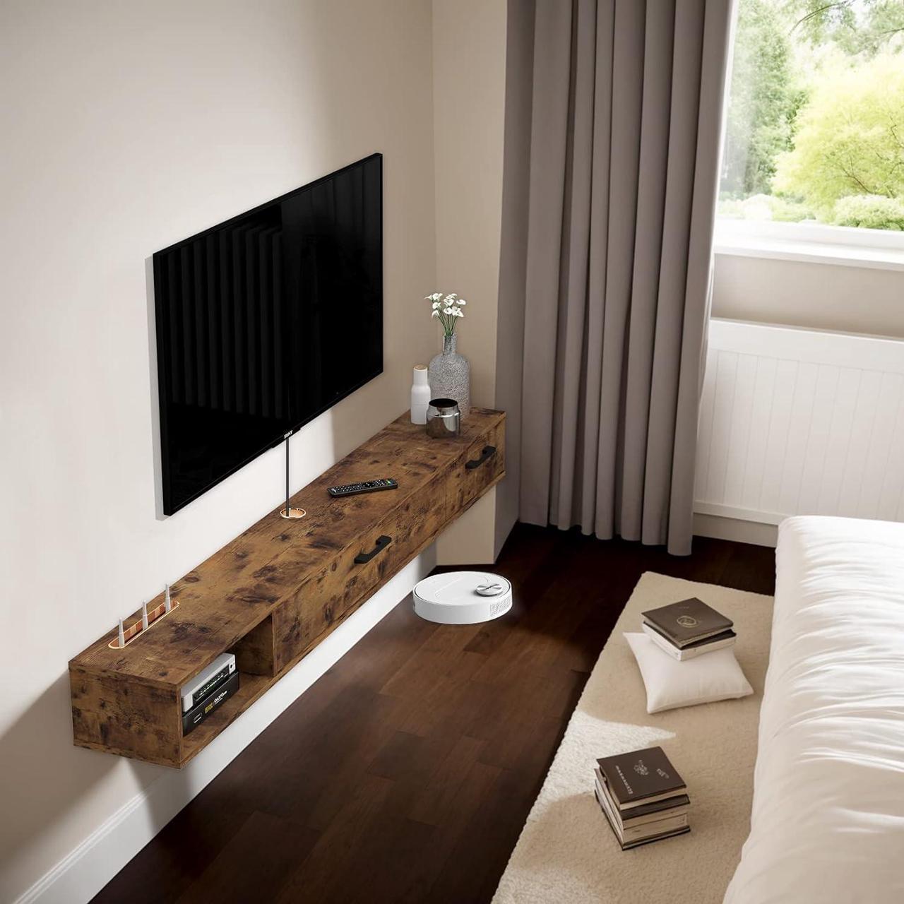 Alt view image 7 of 7 - Pmnianhua Farmhouse Floating TV Stand with 2 Doors,47'' Under TV Shelf Floating,Wall Mounted TV Shelf,Rustic Floating TV Console for Under TV(Rustic Brown)(Rustic Brown)