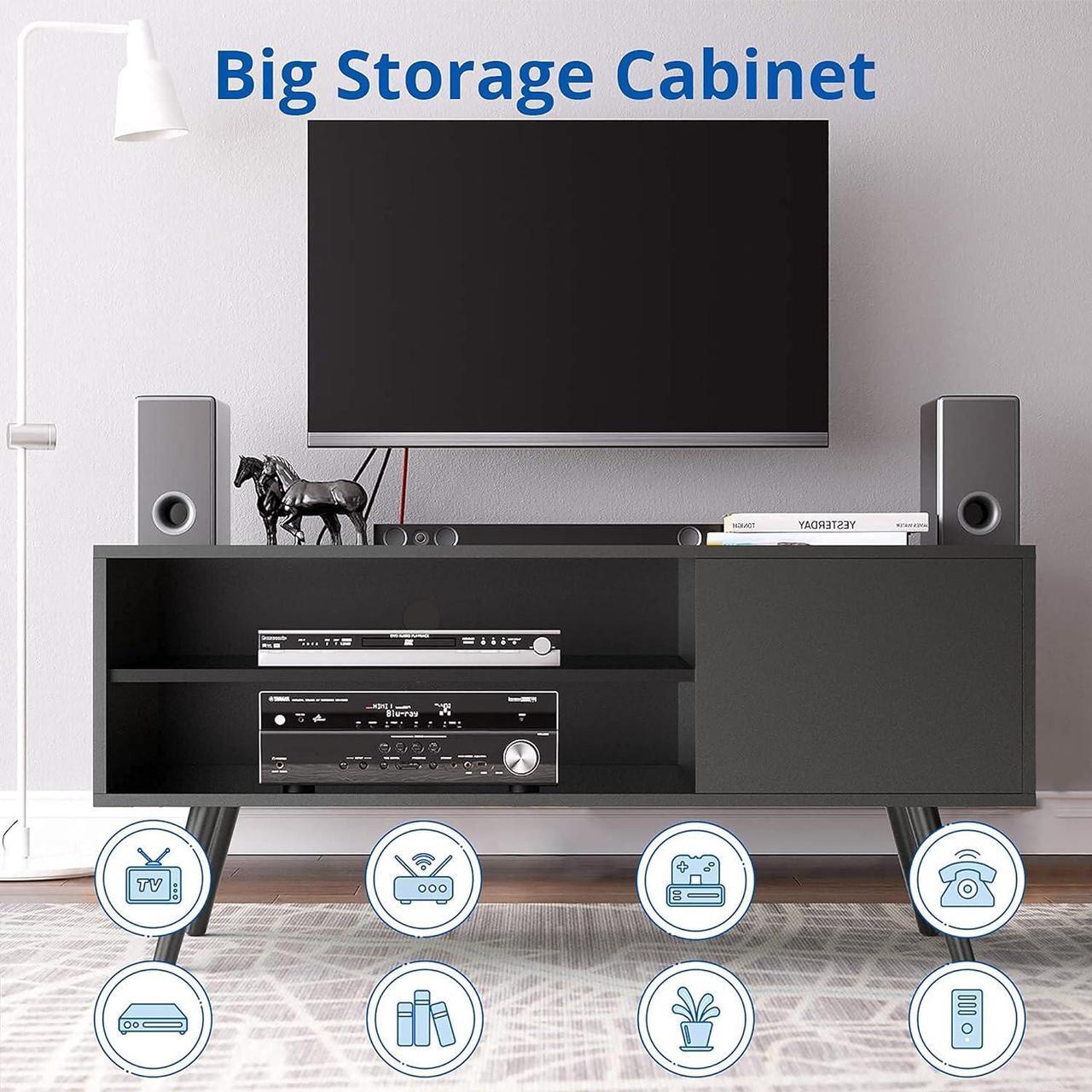 Alt view image 2 of 6 - Cozy Castle TV Stand for 50 Inch TV, Modern TV Console with Shelves for Living Room Bedroom, Black Entertainment Center for Flat Screen TV, Wood TV Stand for TVs up to 50", 43.3 inch