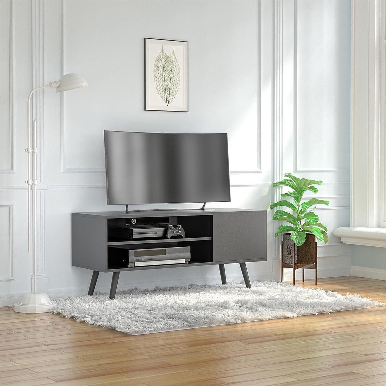 Alt view image 3 of 6 - Cozy Castle TV Stand for 50 Inch TV, Modern TV Console with Shelves for Living Room Bedroom, Black Entertainment Center for Flat Screen TV, Wood TV Stand for TVs up to 50", 43.3 inch