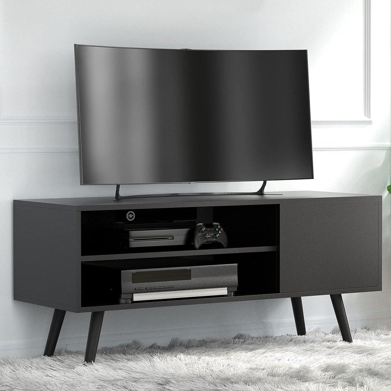 Alt view image 4 of 6 - Cozy Castle TV Stand for 50 Inch TV, Modern TV Console with Shelves for Living Room Bedroom, Black Entertainment Center for Flat Screen TV, Wood TV Stand for TVs up to 50", 43.3 inch