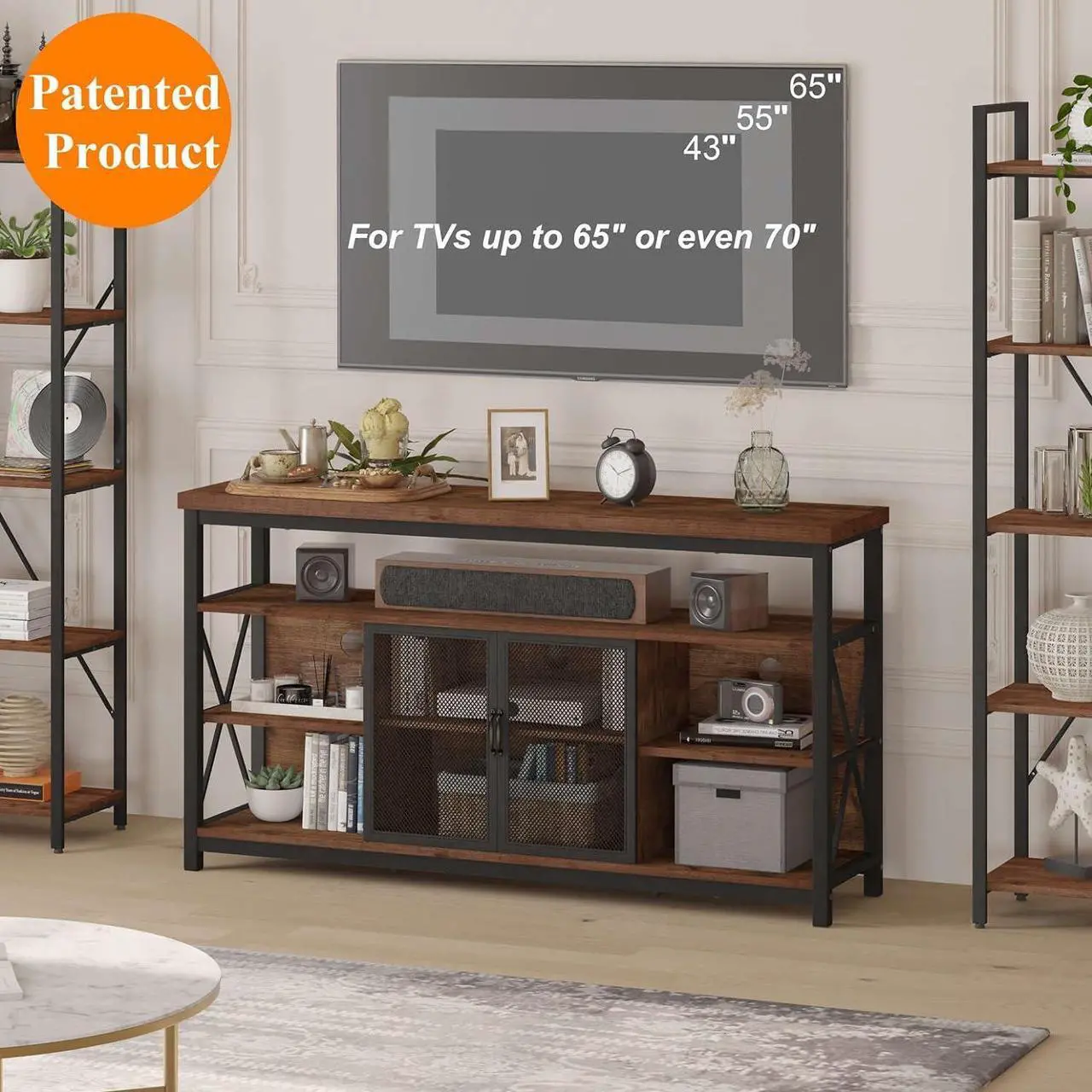 Alt view image 3 of 7 - BON AUGURE Tall TV Stand for TVs up to 65 Inch, Industrial Entertainment Center with Storage Cabinet, Farmhouse Wood TV Console for Living Room and Bedroom (32 Inch High, Rustic Oak)