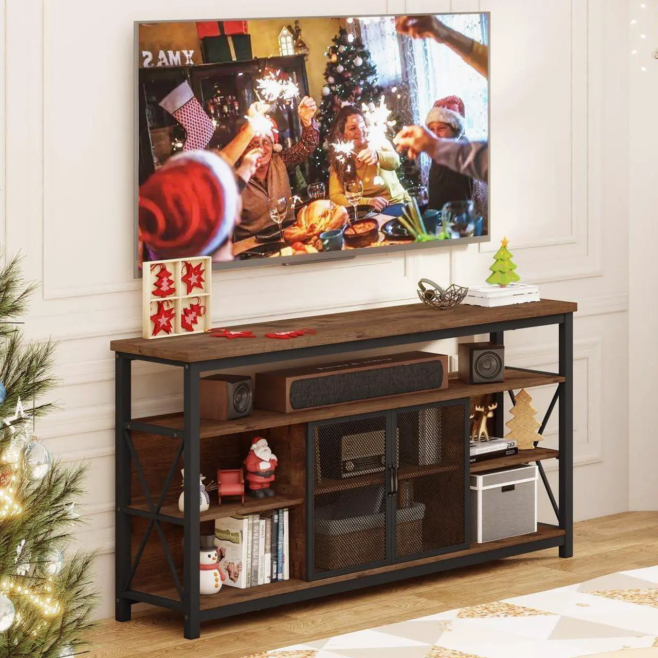 Alt view image 6 of 7 - BON AUGURE Tall TV Stand for TVs up to 65 Inch, Industrial Entertainment Center with Storage Cabinet, Farmhouse Wood TV Console for Living Room and Bedroom (32 Inch High, Rustic Oak)