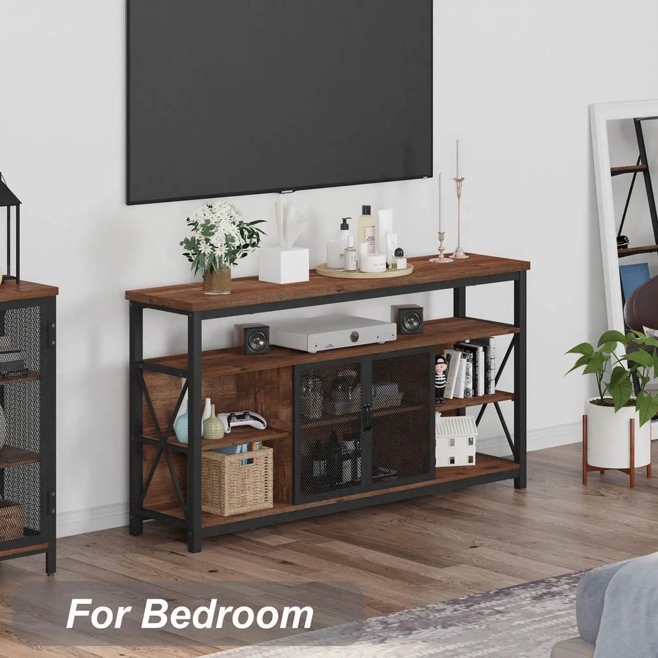 Alt view image 7 of 7 - BON AUGURE Tall TV Stand for TVs up to 65 Inch, Industrial Entertainment Center with Storage Cabinet, Farmhouse Wood TV Console for Living Room and Bedroom (32 Inch High, Rustic Oak)