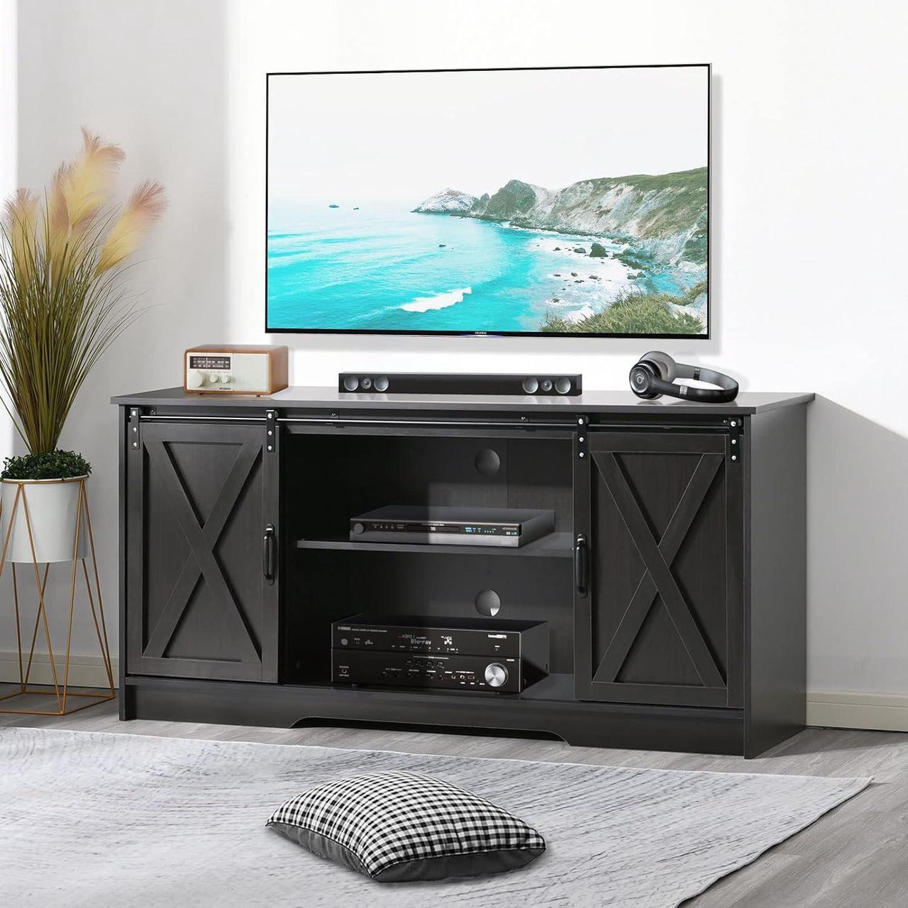 Alt view image 3 of 7 - 4 EVER WINNER Farmhouse TV Stand for 65+ Inch TV, Espresso Entertainment Center for 65 Inch TV, Modern Farmhouse Television Stands for TVs up to 70, Espresso TV Stand for Flat Screens 65