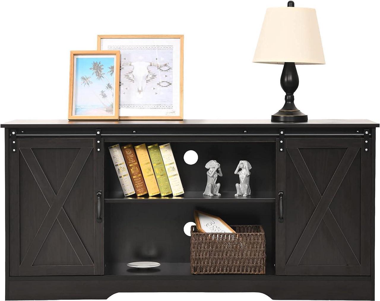 Alt view image 6 of 7 - 4 EVER WINNER Farmhouse TV Stand for 65+ Inch TV, Espresso Entertainment Center for 65 Inch TV, Modern Farmhouse Television Stands for TVs up to 70, Espresso TV Stand for Flat Screens 65