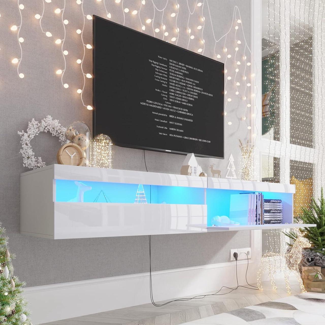 Main image of ANTISTA Floating TV Stand with Led Lights, 71 inch Wall Mounted TV Shelf with Power Outlet, Modern Entertainment Center Media Console with Storage Cabinet, Up to 80 Inch TVS, White