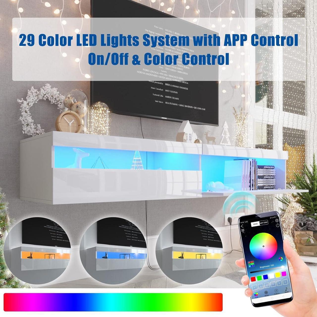 Alt view image 2 of 7 - ANTISTA Floating TV Stand with Led Lights, 71 inch Wall Mounted TV Shelf with Power Outlet, Modern Entertainment Center Media Console with Storage Cabinet, Up to 80 Inch TVS, White