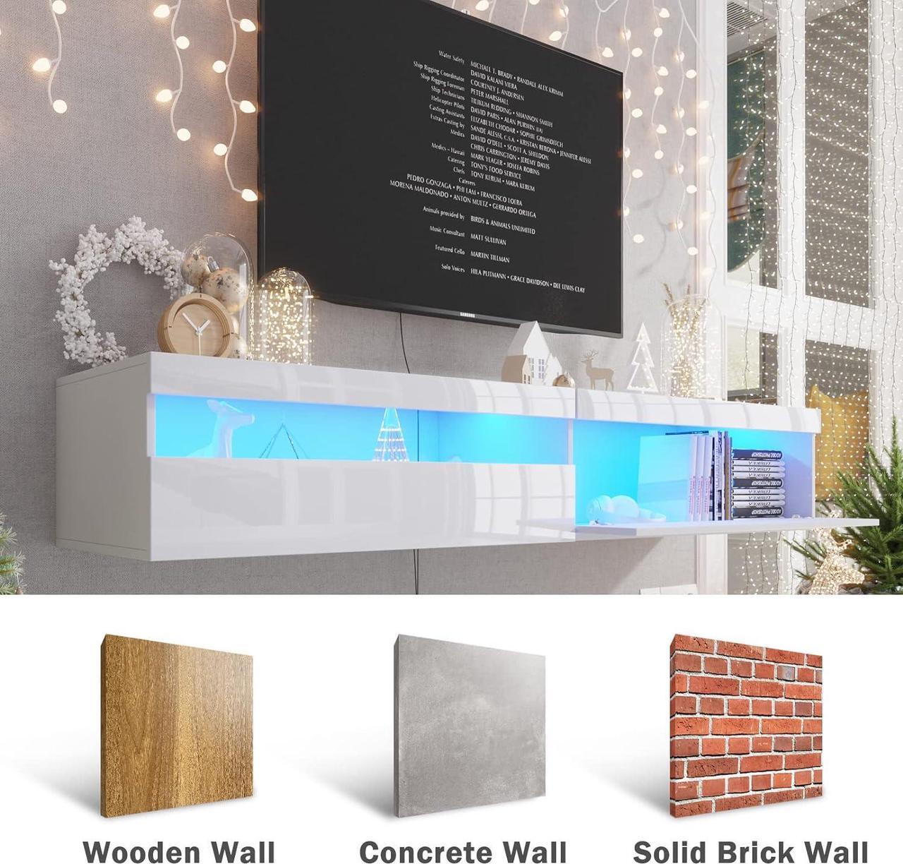 Alt view image 3 of 7 - ANTISTA Floating TV Stand with Led Lights, 71 inch Wall Mounted TV Shelf with Power Outlet, Modern Entertainment Center Media Console with Storage Cabinet, Up to 80 Inch TVS, White