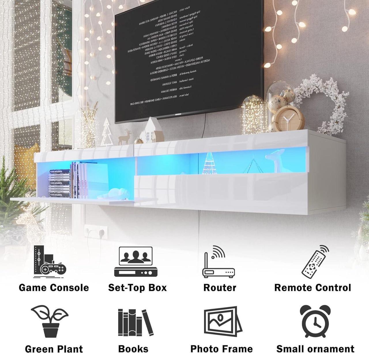 Alt view image 4 of 7 - ANTISTA Floating TV Stand with Led Lights, 71 inch Wall Mounted TV Shelf with Power Outlet, Modern Entertainment Center Media Console with Storage Cabinet, Up to 80 Inch TVS, White