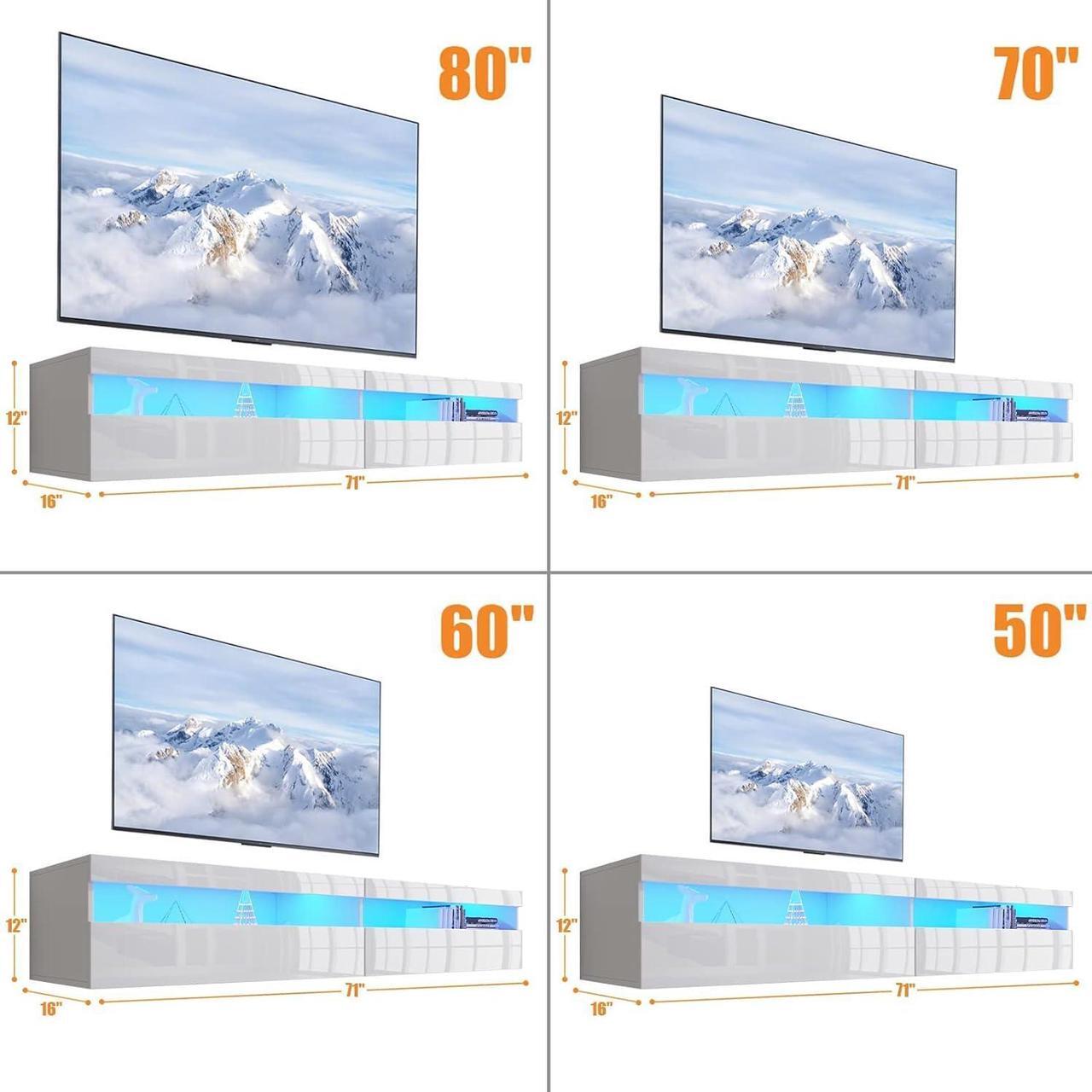 Alt view image 5 of 7 - ANTISTA Floating TV Stand with Led Lights, 71 inch Wall Mounted TV Shelf with Power Outlet, Modern Entertainment Center Media Console with Storage Cabinet, Up to 80 Inch TVS, White