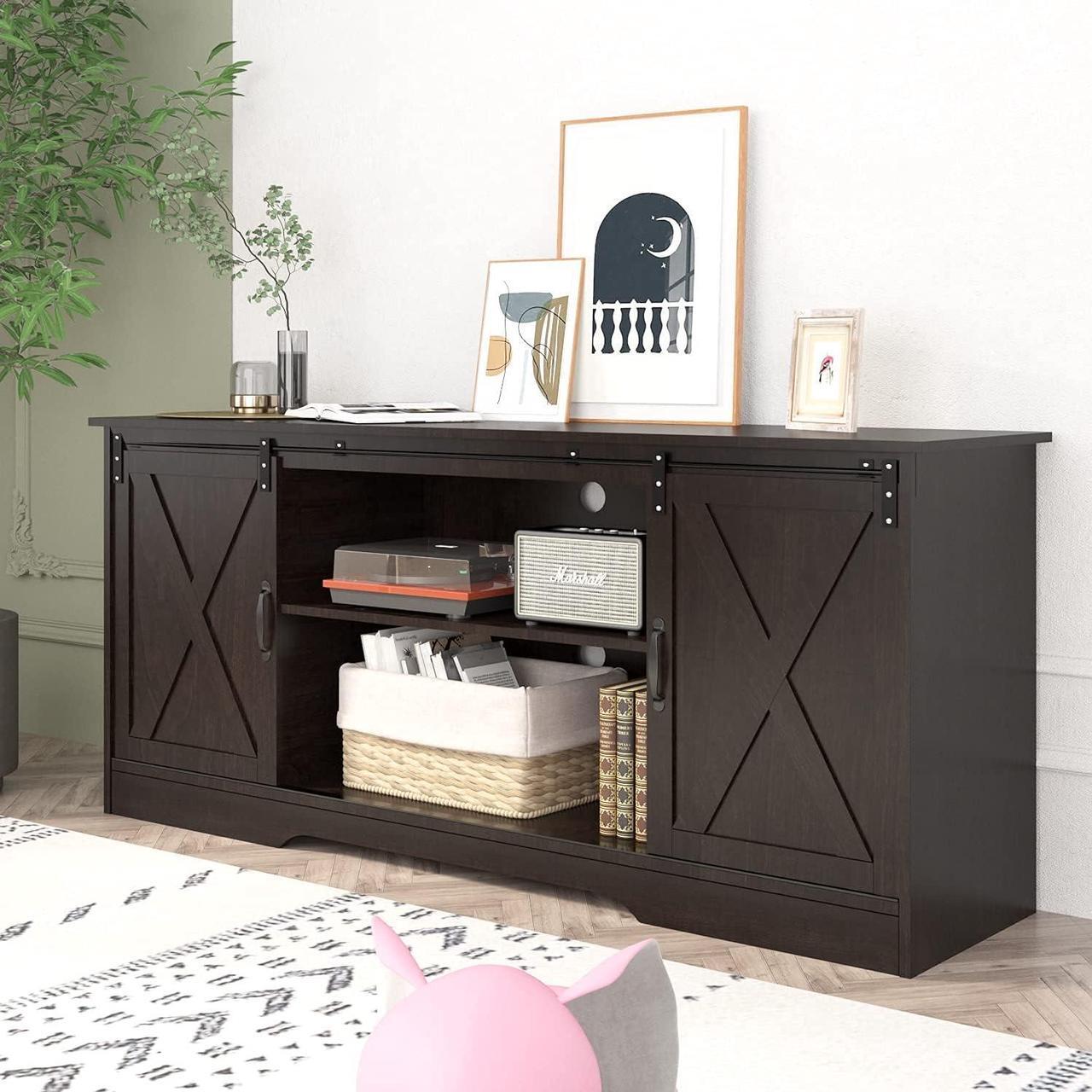 Alt view image 7 of 7 - 4 EVER WINNER Farmhouse TV Stand for 65+ Inch TV, Espresso Entertainment Center for 65 Inch TV, Modern Farmhouse Television Stands for TVs up to 70, Espresso TV Stand for Flat Screens 65