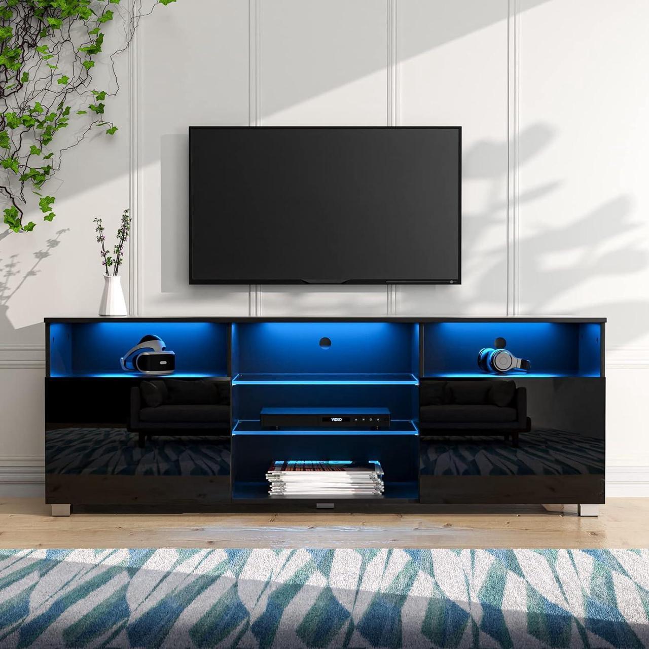 Main image of LED TV Stand for 65 inch TVs, Modern TV Stand with LED Lights and High Glossy Cabinets, Game Console Entertainment Center with Storage Shelves and Media Layers for Living Room Bedroom (Black, 57inch)