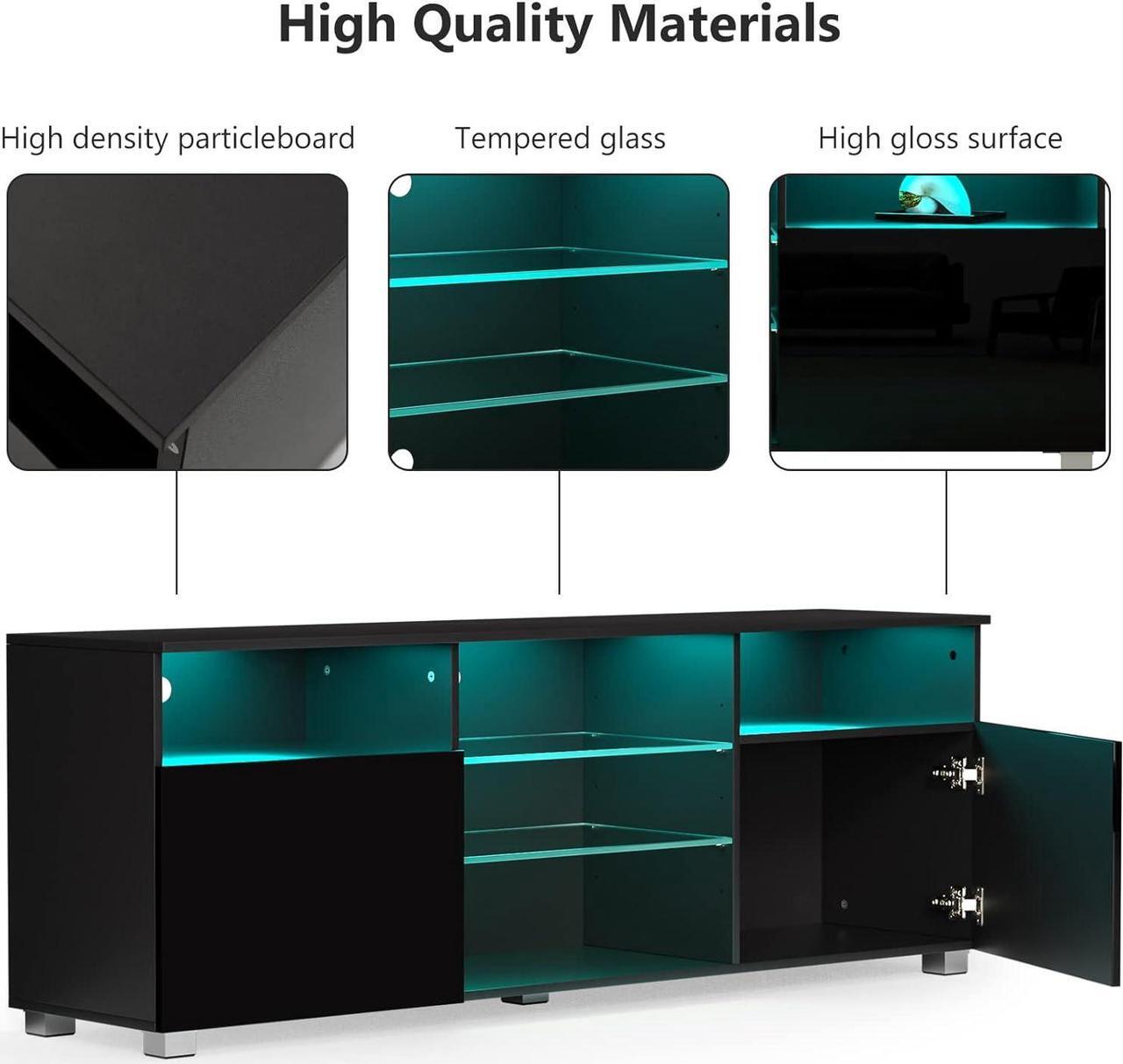 Alt view image 7 of 7 - LED TV Stand for 65 inch TVs, Modern TV Stand with LED Lights and High Glossy Cabinets, Game Console Entertainment Center with Storage Shelves and Media Layers for Living Room Bedroom (Black, 57inch)